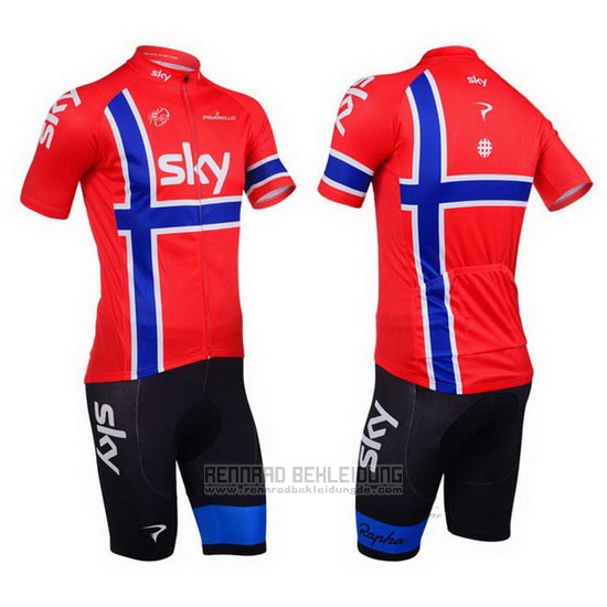 2013 Fahrradbekleidung Sky Champion Norwegen Blau und Rot Trikot Kurzarm und Tragerhose